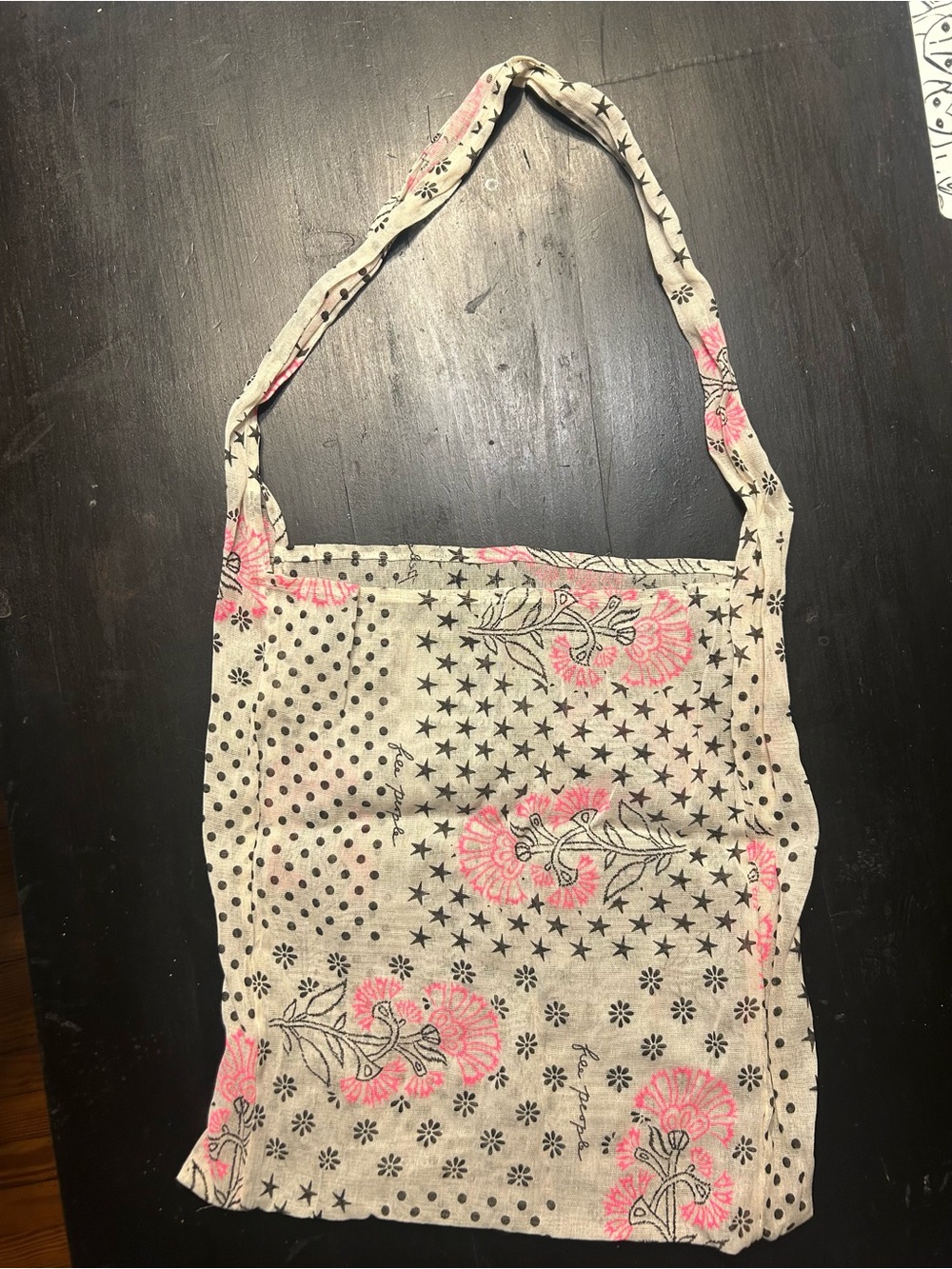 Free People Cream Mesh Canvas Tote with Pink Floral Print